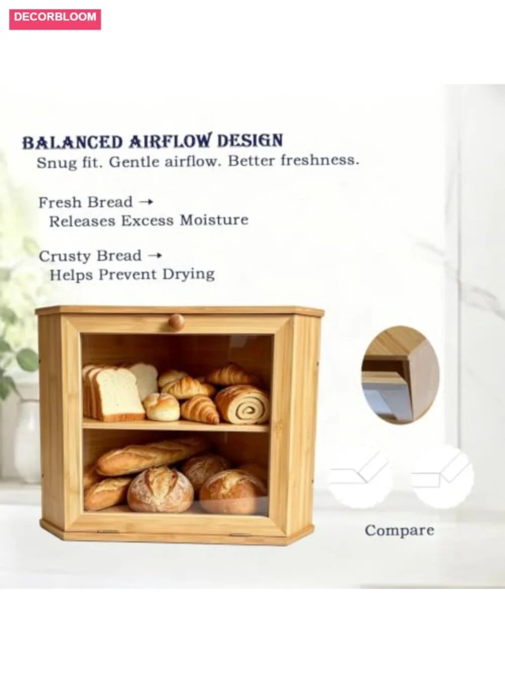 2-Tier Corner Bread Box Natural Bamboo Kitchen Countertop Storage